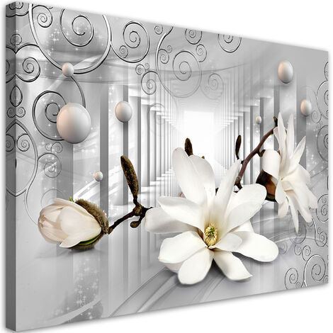 Quadro su tela, Fiori nel tunnel e palline 3D d'argento - 60x40
