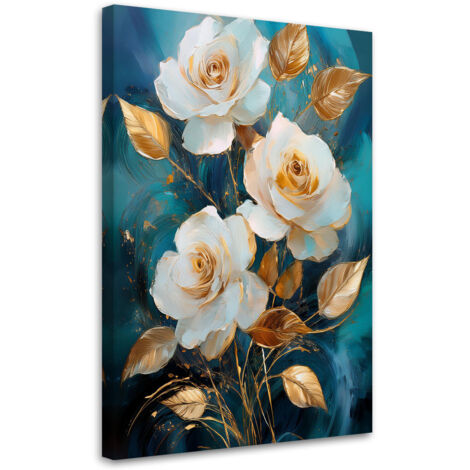 Quadro su tela, Fiori rosa bianchi e oro su sfondo blu - 40x60
