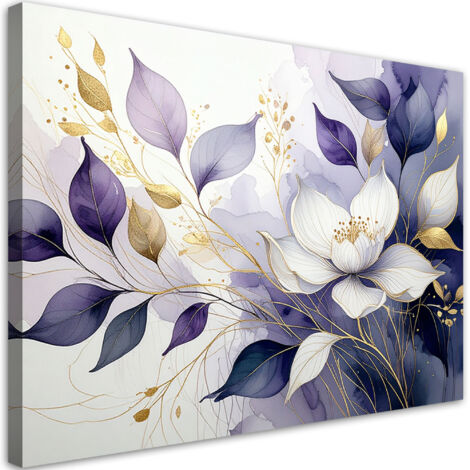 Quadro su tela, Fiori viola pastello foglie natura, 45x30