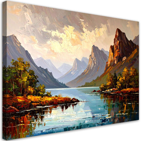 Quadro su tela, Fiume Alberi Paesaggio montano - 120x80