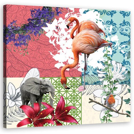 Quadro su tela, Flamingo Elephant Bird Collage - 30x30
