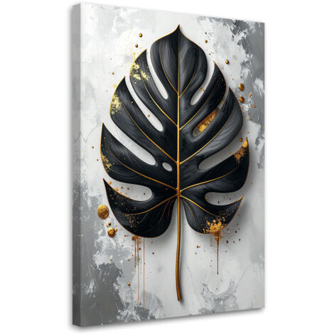 Quadro su tela, Foglia di monstera nera su sfondo grigio, 20x30