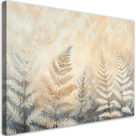 Quadro su tela, Foglie di felce beige natura piume stile boho - 100x70