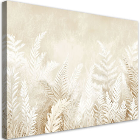 Quadro su tela, Foglie di felce beige piume stile boho - 120x80