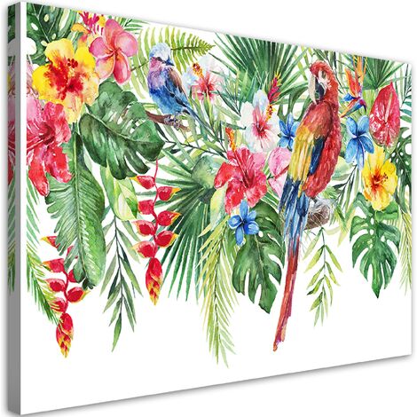 Quadro su tela, Foglie di fiori di pappagalli tropicali - 100x70