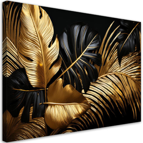 Quadro su tela, Foglie di palma dorate Monstera nere - 60x40