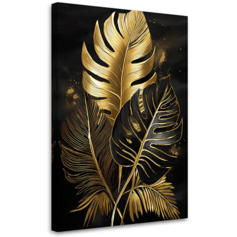 Quadro su tela, Foglie di palma dorate Monstera nere - 80x120