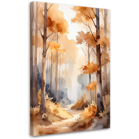 Quadro su tela, Foresta autunnale nebbiosa Paesaggio boschivo acquerellato in stile scandinavo, 20x30