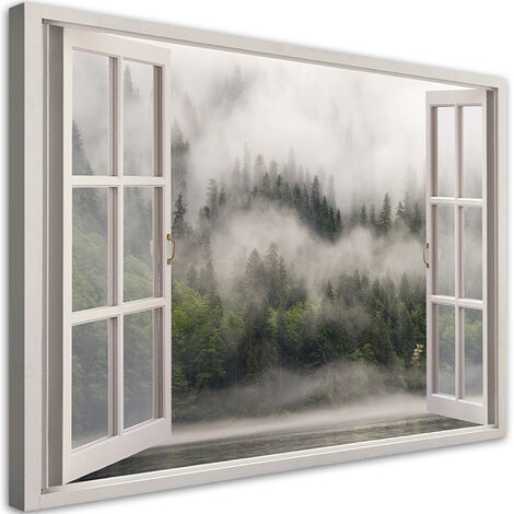 Quadro su tela, Foresta della foresta nel lago nebbia - 60x40