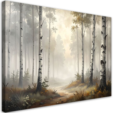 Quadro su tela, Foresta di betulle paesaggio nella nebbia natura, 30x20