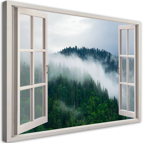 Quadro su tela, Foresta nella vista della nebbia dalla finestra - 120x80