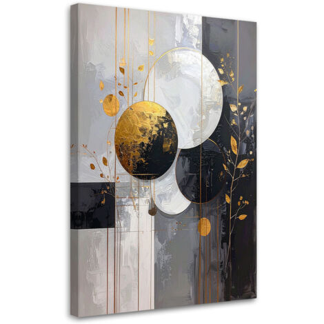 Quadro su tela, Forme astratte cerchi e foglie in beige e oro, 20x30
