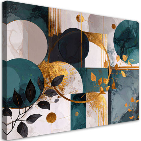 Quadro su tela, Forme astratte cerchi e foglie in turchese, 30x20
