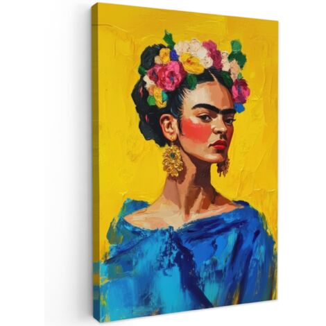 QUADRO SU TELA Frida Kahlo - Donna - Giallo - Blu - Fiori 20x30 cm
