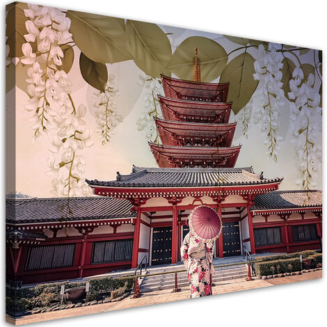 Quadro su tela, Geisha e tempio giapponese - 100x70
