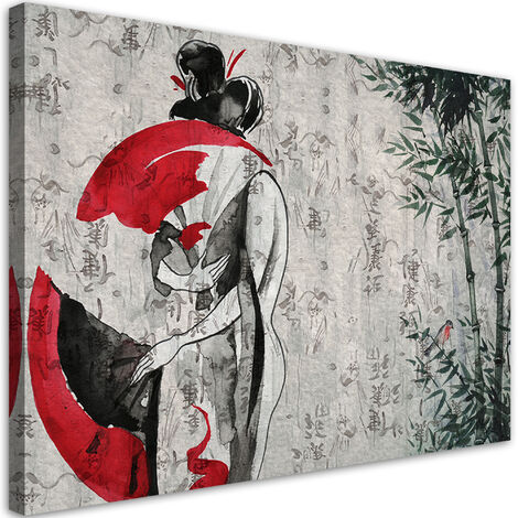 Quadro su tela, Geisha giapponese con un fan - 60x40