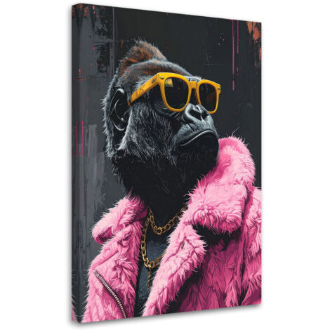 Quadro su tela, Gorilla con occhiali gialli e pelliccia rosa, 30x45