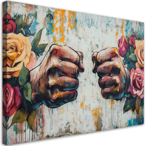 Quadro su tela, Graffiti Pugno Fiori Street Art - 90x60