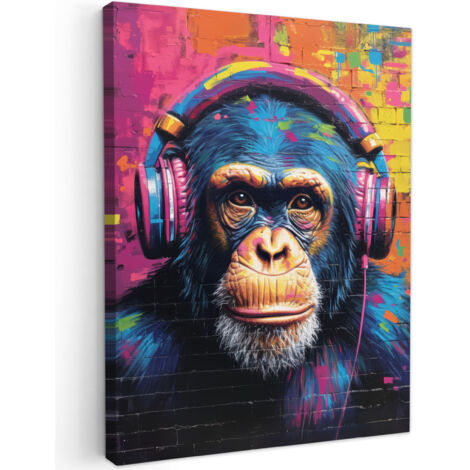 QUADRO SU TELA Graffiti - Scimpanzé - Street art - Cuffie - Scimmia 60x80 cm