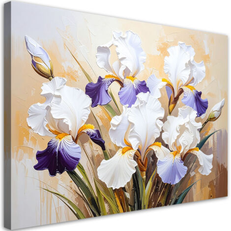 Quadro su tela, Iris bianchi Fiori su sfondo beige astratto - 60x40
