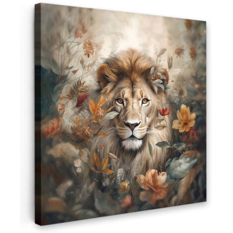 QUADRO SU TELA Leone - Animali selvatici - Piante - Natura - Fiori 20x20 cm