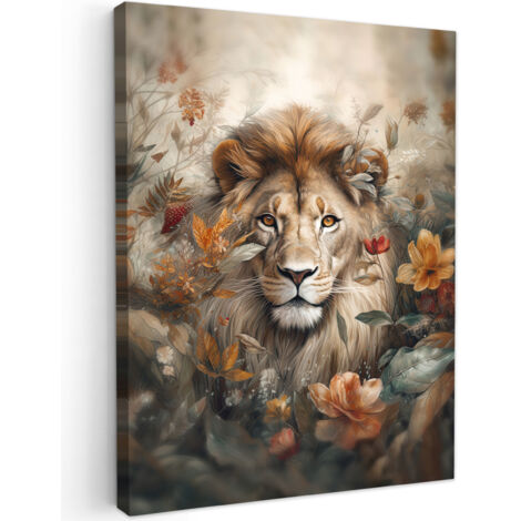 QUADRO SU TELA Leone - Animali selvatici - Piante - Natura - Fiori 60x80 cm
