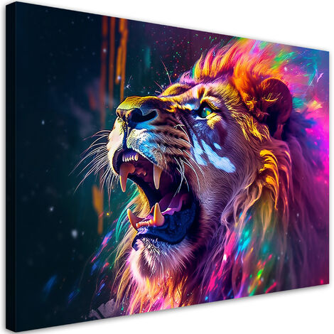 Quadro su tela, Leone ruggito astrazione neon - 90x60