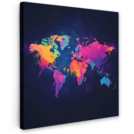 QUADRO SU TELA Mappa del mondo - Colorato - Graffiti 20x20 cm