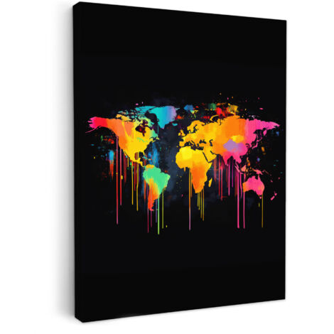 QUADRO SU TELA Mappa del mondo - Vernice - Colorata - Graffiti - Mondo 60x80 cm