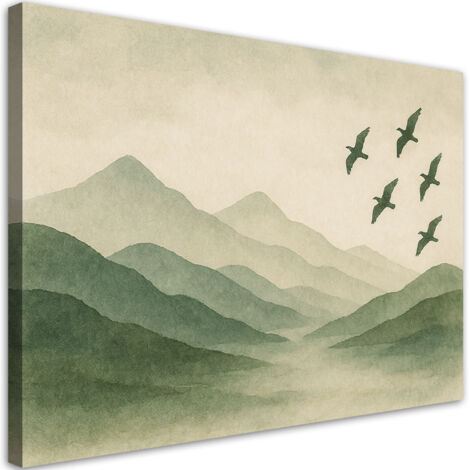 Quadro su tela, Montagne Natura Acquerello Verde Uccelli - 60x40