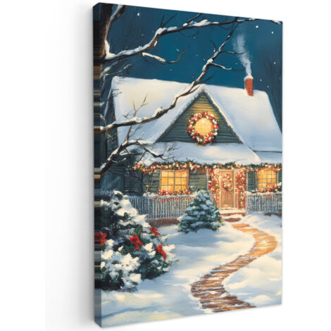 QUADRO SU TELA Natale - Albero di Natale - Inverno - Casa - Neve 90x140 cm