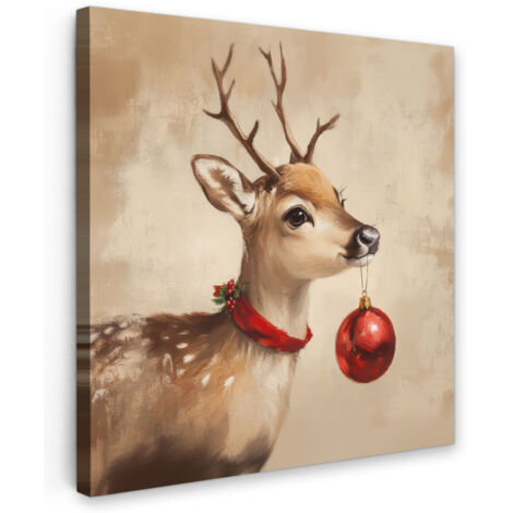 QUADRO SU TELA Natale - Cervo - Corna - Palla di Natale - Renna 20x20 cm