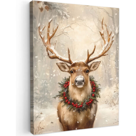 QUADRO SU TELA Natale - Renna - Inverno - Ghirlanda 60x80 cm