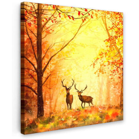 QUADRO SU TELA Natura - Colore ad olio - Cervi - Animali - Autunno - Arancione 20x20 cm