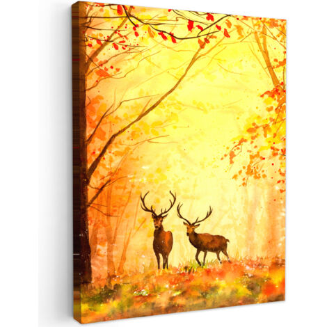 QUADRO SU TELA Natura - Colore ad olio - Cervi - Animali - Autunno - Arancione 60x80 cm