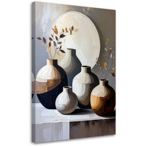 Quadro su tela, Natura morta brocche foglie in beige, 20x30