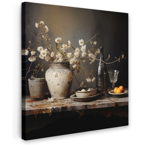 QUADRO SU TELA Natura morta - Fiori - Bouquet - Vaso - Vino 50x50 cm