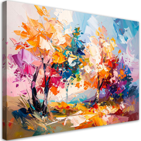 Quadro su tela, Paesaggio colorato Alberi Bosco imitazione pittura ad olio - 120x80