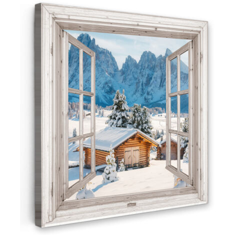 QUADRO SU TELA Paesaggio invernale - Cottage - Montagne - Vista - panorama - Natura 20x20 cm