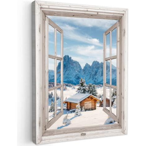 QUADRO SU TELA Paesaggio invernale - Cottage - Montagne - Vista - panorama - Natura 60x80 cm