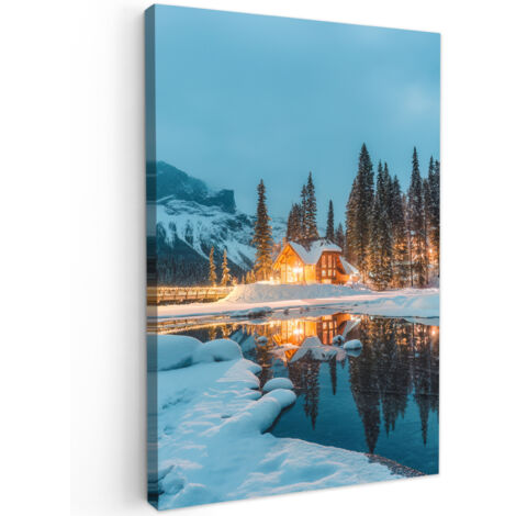 QUADRO SU TELA Paesaggio invernale - Natura - Casa - Montagne - Neve 20x30 cm
