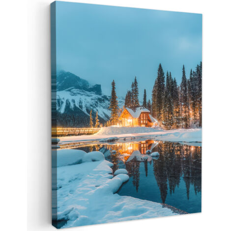 QUADRO SU TELA Paesaggio invernale - Natura - Casa - Montagne - Neve 60x80 cm
