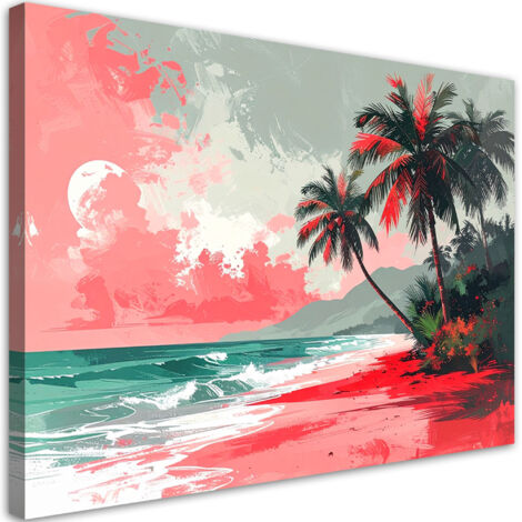 Quadro su tela, Paesaggio marino tropicale con palme in colori pastello, 30x20
