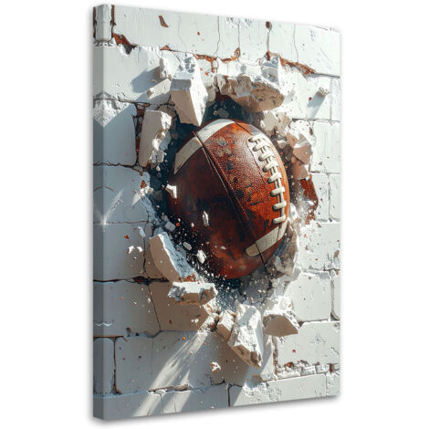 Quadro su tela, Palla da rugby che sfonda un muro di mattoni, 20x30