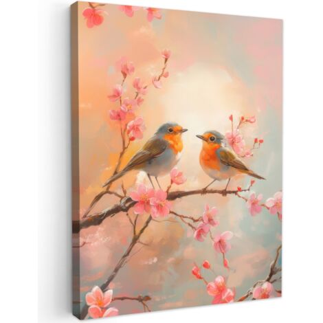 QUADRO SU TELA Pettirosso - Ornamentale - Ramo in fiore 60x80 cm
