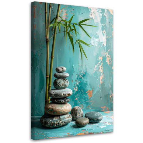 Quadro su tela, Pietre zen spa foglie su sfondo turchese, 20x30