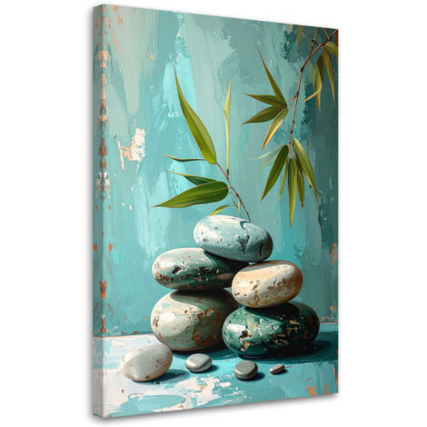 Quadro su tela, Pietre zen spa foglie su sfondo turchese, 40x60