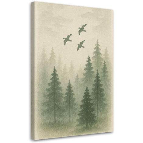 Quadro su tela, Pini Uccelli Foresta Acquerello Verde Naturale - 80x120