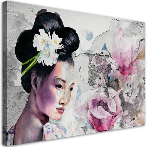 Quadro su tela, Ritratto di una geisha sul vecchio muro - 90x60