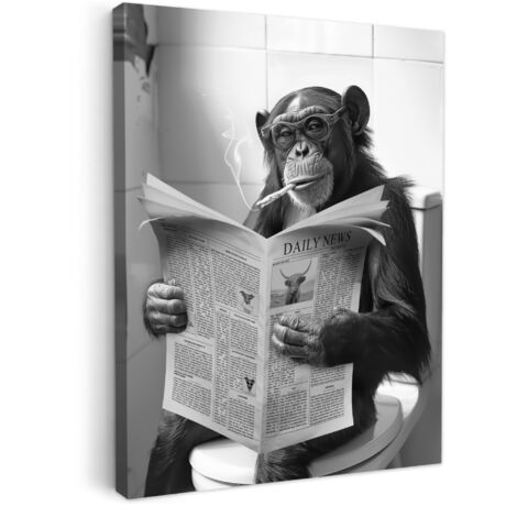 QUADRO SU TELA Scimmia - WC - Giornale - Bianco e nero - Umorismo 60x80 cm